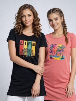 Vero Amore - Womens Printed Half Sleeve Round Neck Long T-Shirt (Pack of 2)