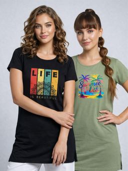 Vero Amore - Womens Printed Half Sleeve Round Neck Long T-Shirt (Pack of 2)