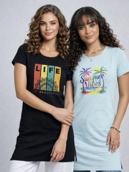 Vero Amore - Womens Printed Half Sleeve Round Neck Long T-Shirt (Pack of 2)