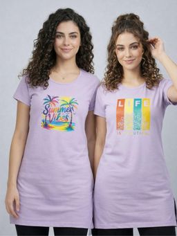 Vero Amore - Womens Lavender Printed Half Sleeve Round Neck Long T-Shirt (Pack of 2)