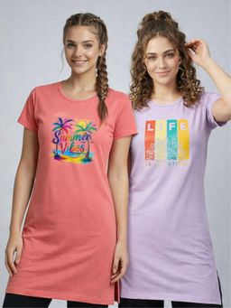 Vero Amore - Womens Printed Half Sleeve Round Neck Long T-Shirt (Pack of 2)