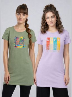 Vero Amore - Womens Printed Half Sleeve Round Neck Long T-Shirt (Pack of 2)