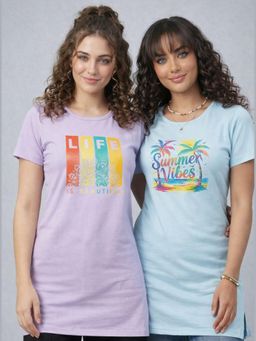 Vero Amore - Womens Printed Half Sleeve Round Neck Long T-Shirt (Pack of 2)