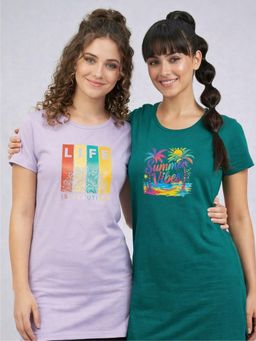 Vero Amore - Womens Printed Half Sleeve Round Neck Long T-Shirt (Pack of 2)