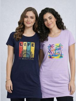 Vero Amore - Womens Printed Half Sleeve Round Neck Long T-Shirt (Pack of 2)