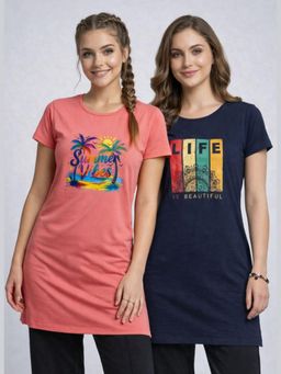 Vero Amore - Womens Printed Half Sleeve Round Neck Long T-Shirt (Pack of 2)