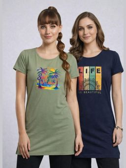 Vero Amore - Womens Printed Half Sleeve Round Neck Long T-Shirt (Pack of 2)