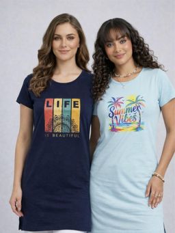 Vero Amore - Womens Printed Half Sleeve Round Neck Long T-Shirt (Pack of 2)