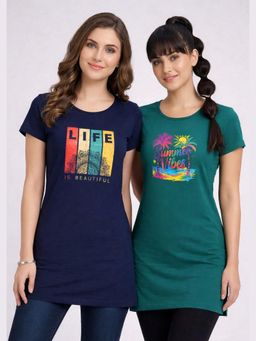 Vero Amore - Womens Printed Half Sleeve Round Neck Long T-Shirt (Pack of 2)