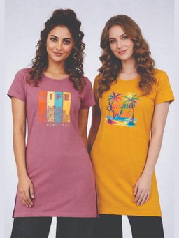 Vero Amore - Womens Printed Half Sleeve Round Neck Long T-Shirt (Pack of 2)
