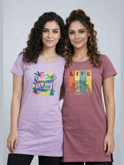 Vero Amore - Womens Printed Half Sleeve Round Neck Long T-Shirt (Pack of 2)