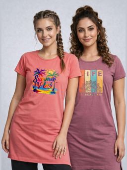 Vero Amore - Womens Printed Half Sleeve Round Neck Long T-Shirt (Pack of 2)