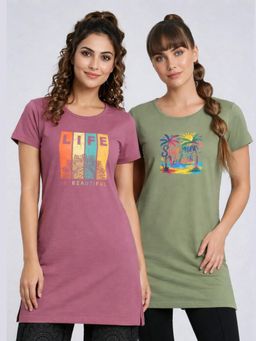 Vero Amore - Womens Printed Half Sleeve Round Neck Long T-Shirt (Pack of 2)
