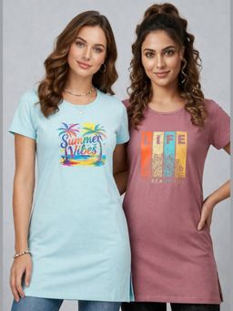 Vero Amore - Womens Printed Half Sleeve Round Neck Long T-Shirt (Pack of 2)