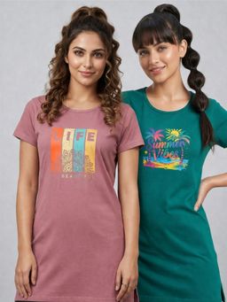 Vero Amore - Womens Printed Half Sleeve Round Neck Long T-Shirt (Pack of 2)