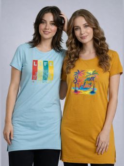Vero Amore - Womens Printed Half Sleeve Round Neck Long T-Shirt (Pack of 2)