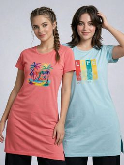 Vero Amore - Womens Printed Half Sleeve Round Neck Long T-Shirt (Pack of 2)