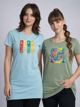 Vero Amore - Womens Printed Half Sleeve Round Neck Long T-Shirt (Pack of 2)