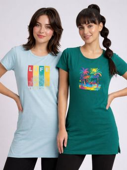 Vero Amore - Womens Printed Half Sleeve Round Neck Long T-Shirt (Pack of 2)