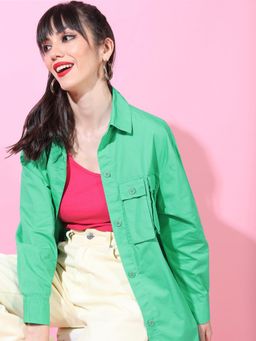 TOKYO TALKIES - Womens Green Longline Printed Loose Fit Regular Fit Shirt
