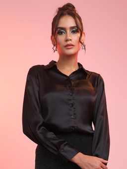 TOKYO TALKIES - Womens Black Cuff Sleeves Comfort Casual Satin Shirt