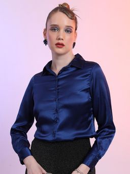 TOKYO TALKIES - Womens Navy Blue Cuff Sleeves Comfort Casual Satin Shirt