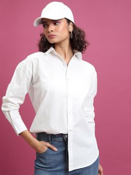 TOKYO TALKIES - White Slim Fit Drop Shoulder Sleeves Cotton Oversized Shirt