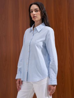TOKYO TALKIES - Womens Blue Oversize Front Buttoned Cotton Blend Shirt