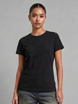 Uptownie - Womens Black Solid Cotton T-Shirt