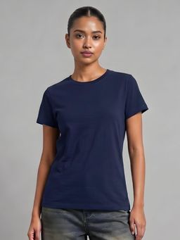 Uptownie - Womens Navy Blue Solid Cotton T-Shirt