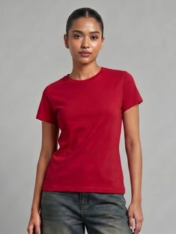 Uptownie - Womens Red Solid Cotton T-Shirt