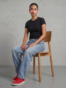 Uptownie - Womens Solid Black Cotton Lycra Short Sleeve T-Shirt
