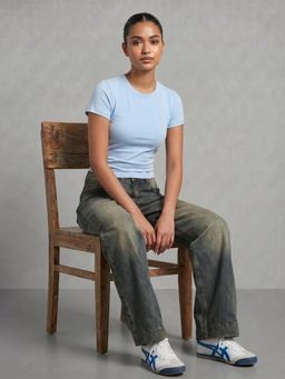 Uptownie - Light Blue Solid Cotton Lycra T-Shirt