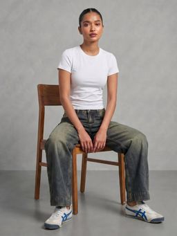 Uptownie - Womens White Solid Fitted Crop T-Shirt