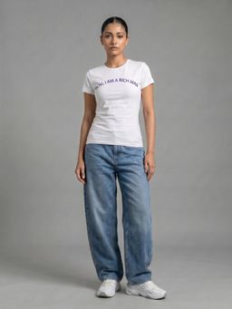 Uptownie - Womens White Typography Print Cotton Lycra T-Shirt