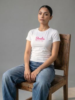 Uptownie - Womens White Typography Printed Cotton Lycra T-Shirt