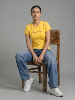 Uptownie - Womens Yellow Typography Print Round Neck T-Shirt