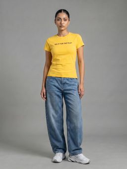 Uptownie - Womens Yellow Typography Cotton Lycra T-Shirt