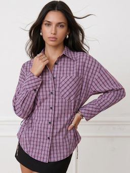Outzidr - Purple Asymmetrical Hem Side Waist Bow Tie-Up Shirt