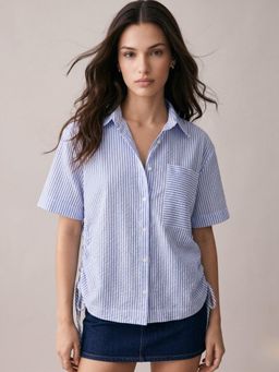 Outzidr - Side Ruching Detail Dark Blue Boxy Shirt