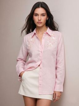 Outzidr - Satin Fabric Pink Embroidered Shirt