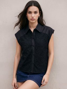 Outzidr - High Low Hemline Black Lace Overlay Shirt