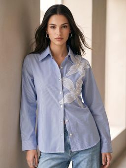 Outzidr - Blue Embroidered Stripes Shirt