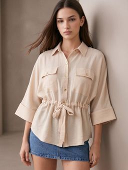 Outzidr - Pink Drawstring Waist Button Down Shirt