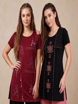 Vero Amore - Womens Printed Half Sleeve Round Neck Long T-Shirt (Pack of 2)