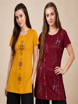 Vero Amore - Womens Printed Half Sleeve Round Neck Long T-Shirt (Pack of 2)