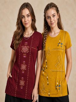 Vero Amore - Womens Printed Half Sleeve Round Neck Long T-Shirt (Pack of 2)