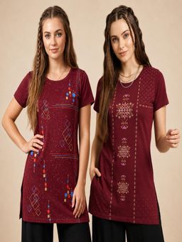 Vero Amore - Womens Maroon Printed Half Sleeve Round Neck Long T-Shirt (Pack of 2)