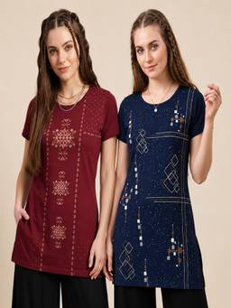 Vero Amore - Womens Printed Half Sleeve Round Neck Long T-Shirt (Pack of 2)
