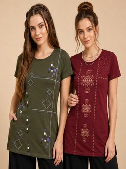 Vero Amore - Womens Printed Half Sleeve Round Neck Long T-Shirt (Pack of 2)